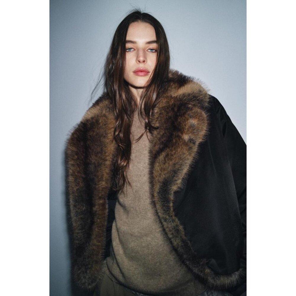 ZARA FAUX FUR COLLAR BOMBER JACKET ZW COLLECTION - Picture 1 of 8